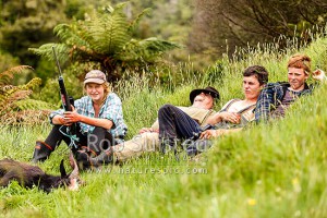 Matt Newton's family after a successful hunt for Lillian's goat curry. Lillian, Matt, Gabriel and Kinley, Urenui, New Plymouth (54157QF00)