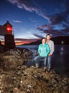 Georgie and Scott Archibold at French Pass.  D'Urville Island behind, where Georgie grew up. A very special place for her, French Pass, Marlborough Sounds, Marlborough (54259QF00)